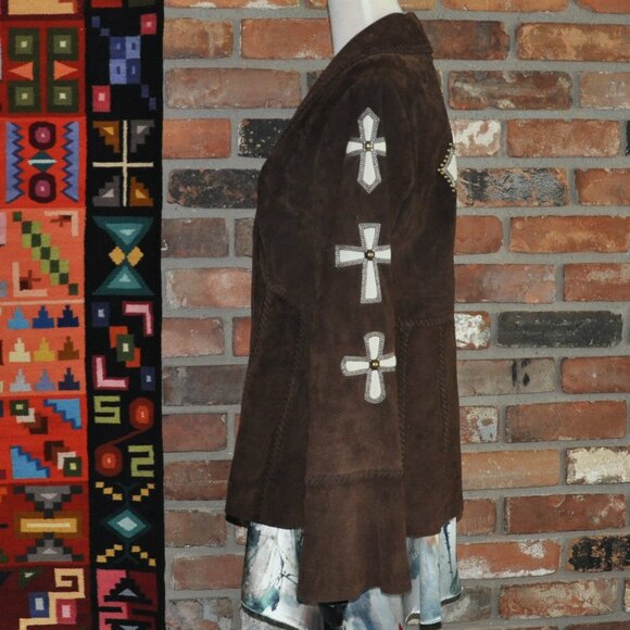 Vintage Brown & Tan Suede Leather Studded Cross Inlay Western Hippie Jacket M - Picture 2 of 10